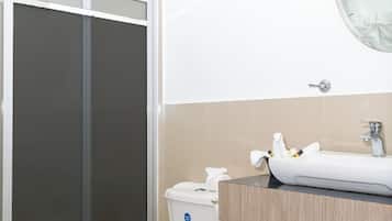 Shower, free toiletries, hair dryer, towels