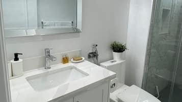 Douche, sĂšche-cheveux, bidet, serviettes fournies