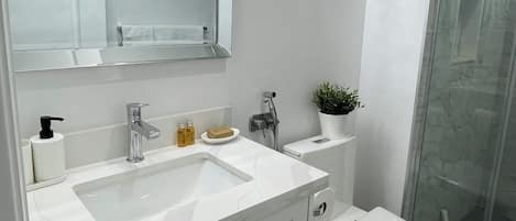 Shower, hair dryer, bidet, towels