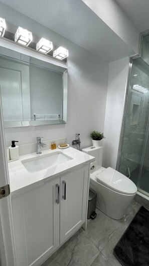Douche, sèche-cheveux, bidet, serviettes fournies