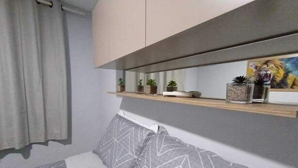 A bedroom with a bed, grey patterned pillows, a wooden shelf with small potted plants, a mirror, and a framed picture of a lion. - Casa do Naldo Hospedaria Aju - Cozy apartment for family vacations. (Jabotiana Aracaju)
