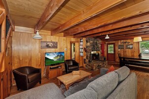 Signature Cabin | Living room | 50-inch Smart TV with digital channels, fireplace, video library