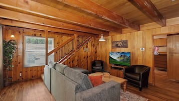 Signature Cabin | Living room | 50-inch Smart TV with digital channels, fireplace, video library