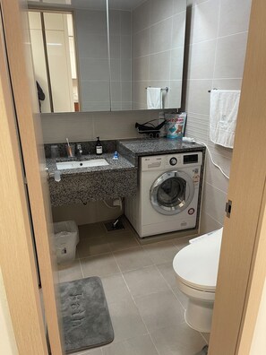 Hair dryer, towels, soap, toilet paper