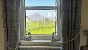 A room with a window overlooking a grassy field and mountains. There is a radiator below the window and a brown sofa with a cushion.