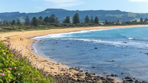 Une plage bordée d’une côte rocheuse, une plage de sable et, en arrière-plan, une colline boisée.