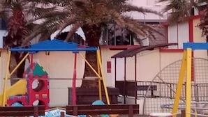 Un parque infantil con juegos de colores y una palmera al frente.