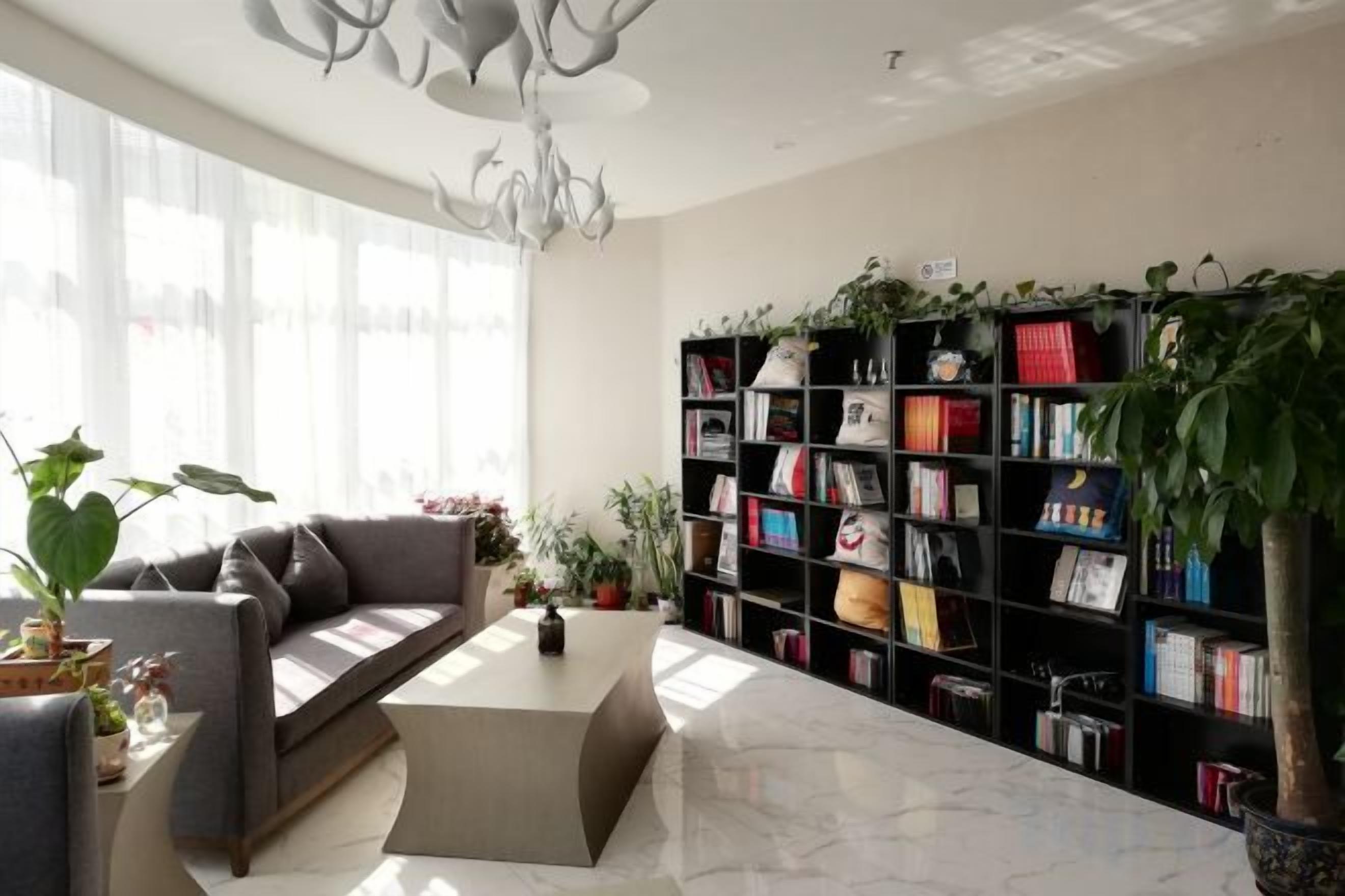 A modern living room with a sofa, coffee table, and a bookshelf filled with books and plants.