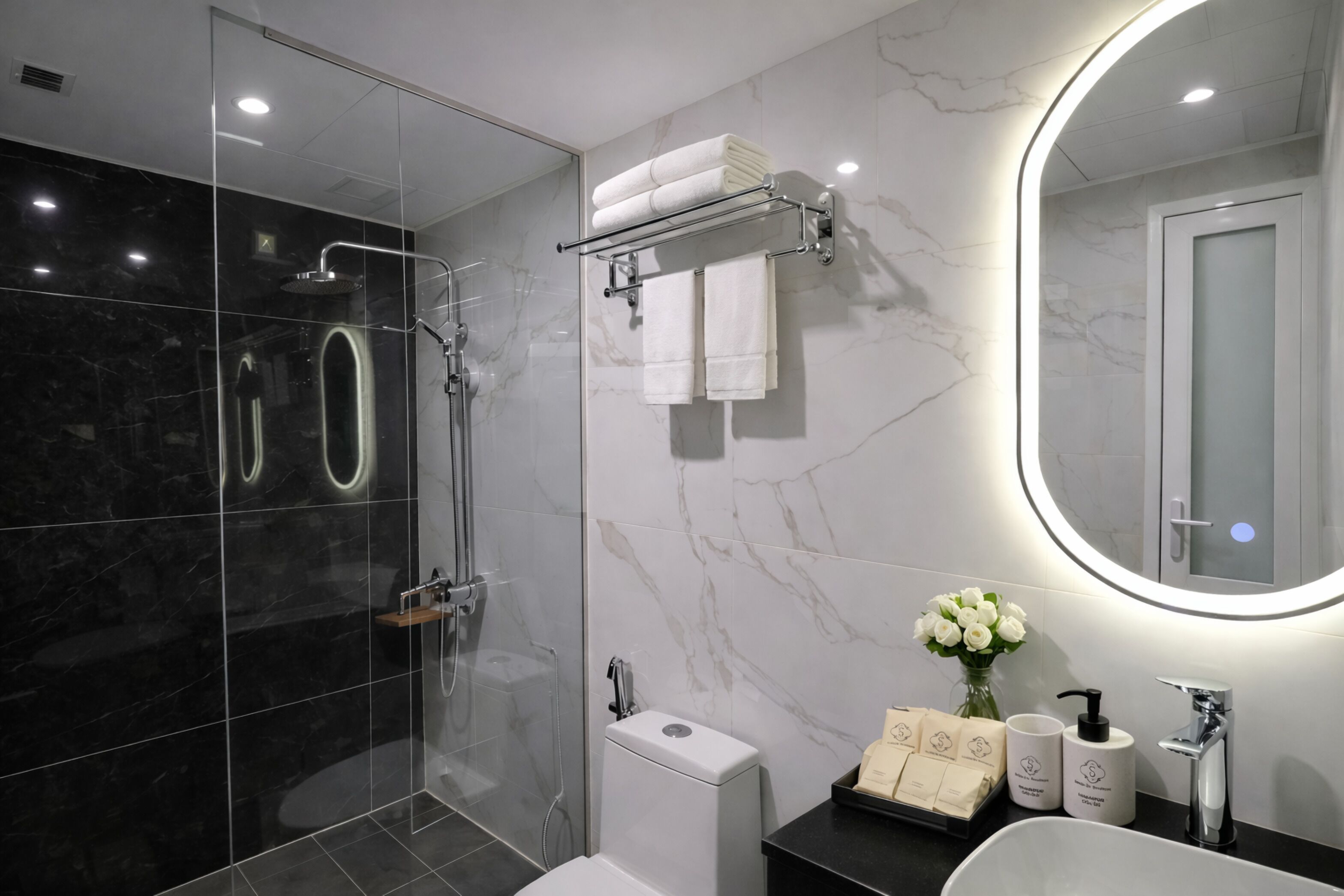 Un baño moderno con ducha de vidrio, lavamanos blanco y tocador con artículos de aseo.