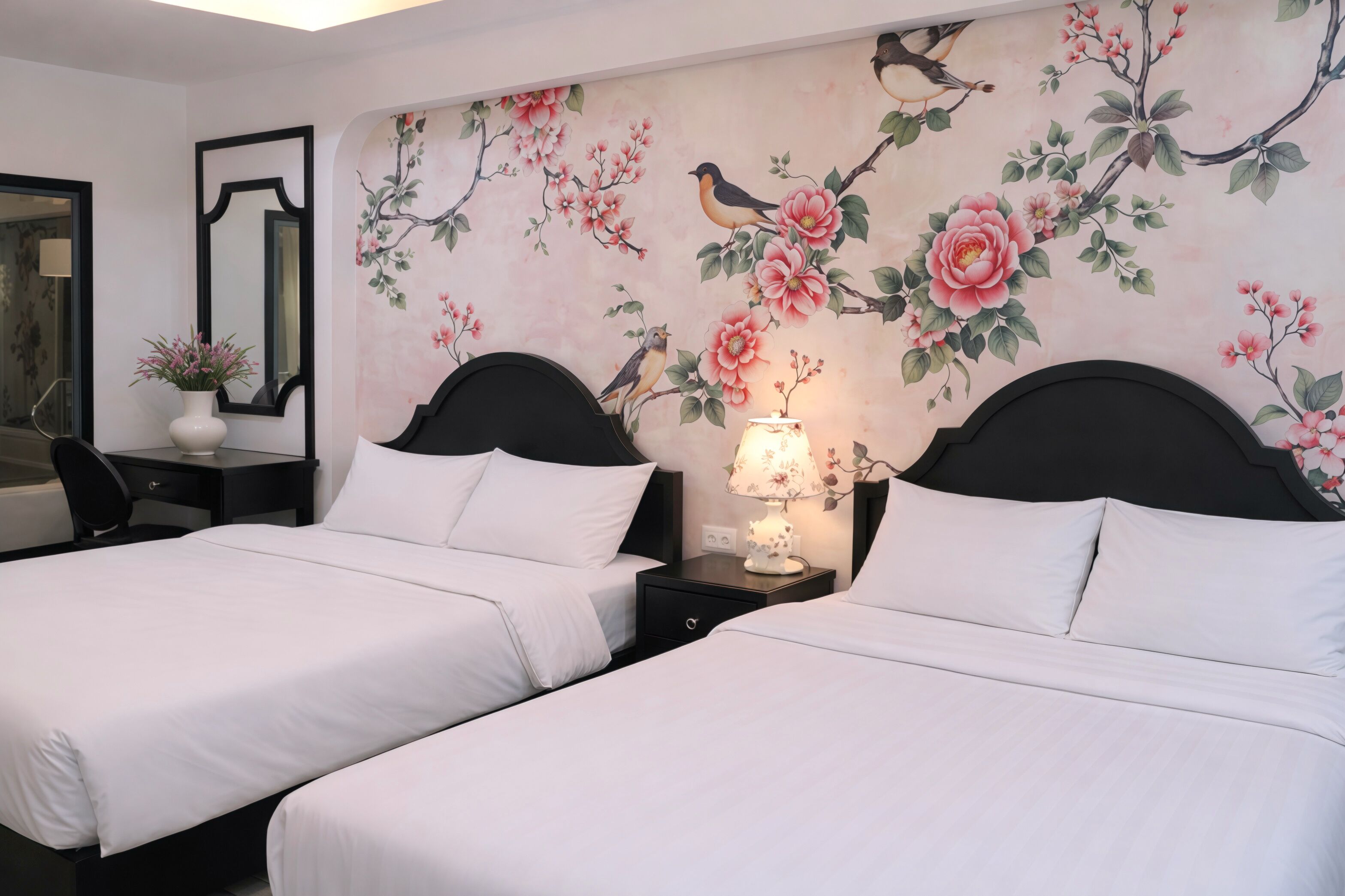 A hotel room with two beds, a nightstand with a lamp, a mirror, and a wall with floral and bird artwork.