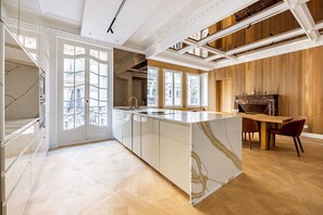 Fridge, microwave, dining tables