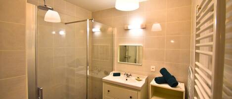 Shower, hair dryer, towels