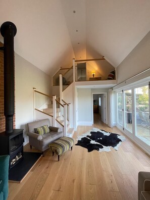 Una Smart TV, una chimenea, libros, un reproductor estéreo