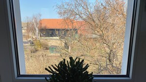 Une fenêtre avec un pot de fleurs au premier plan et, en arrière-plan, une vue sur un bâtiment avec un toit rouge et des arbres sans feuilles.