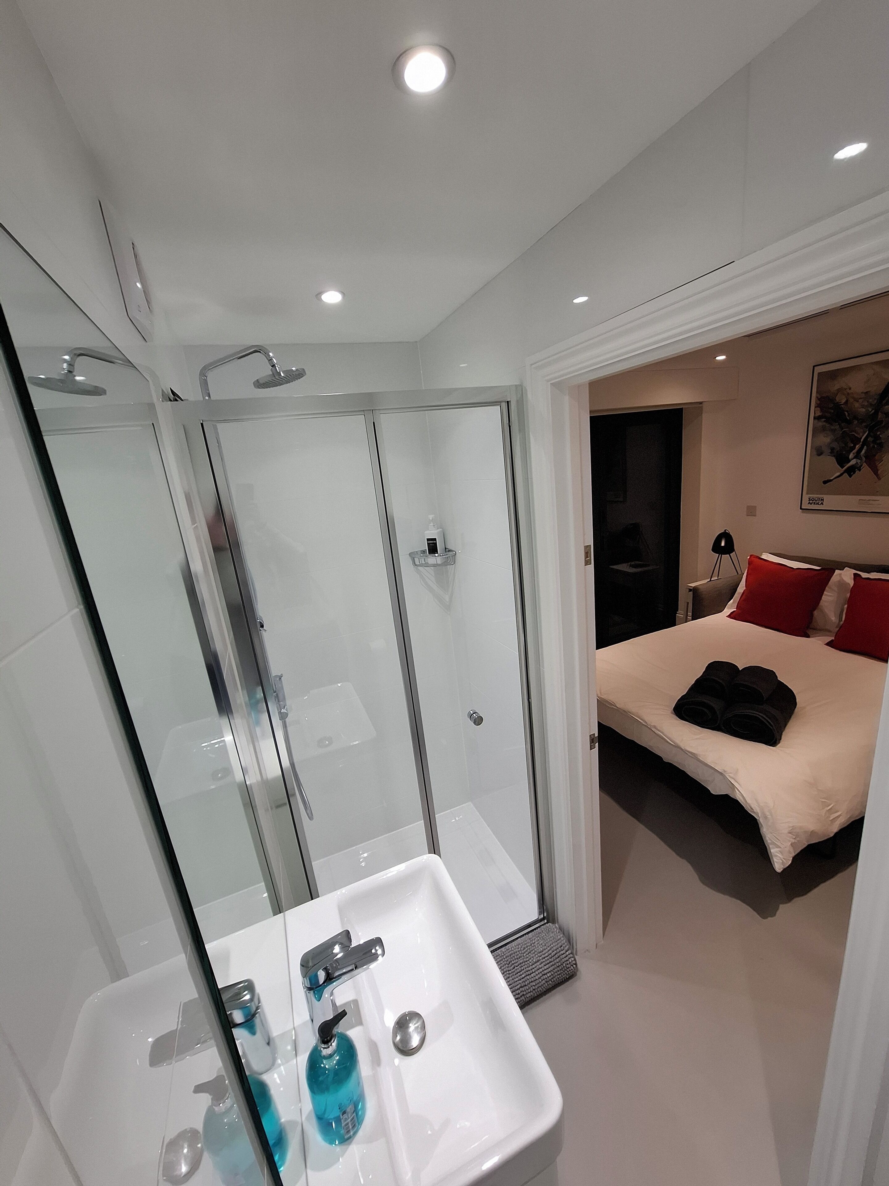 Shower, hair dryer, towels, soap