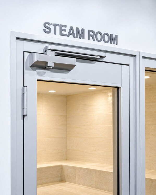 Un baño de vapor con un letrero sobre la puerta, un sistema de ventilación arriba y un interior con azulejos.