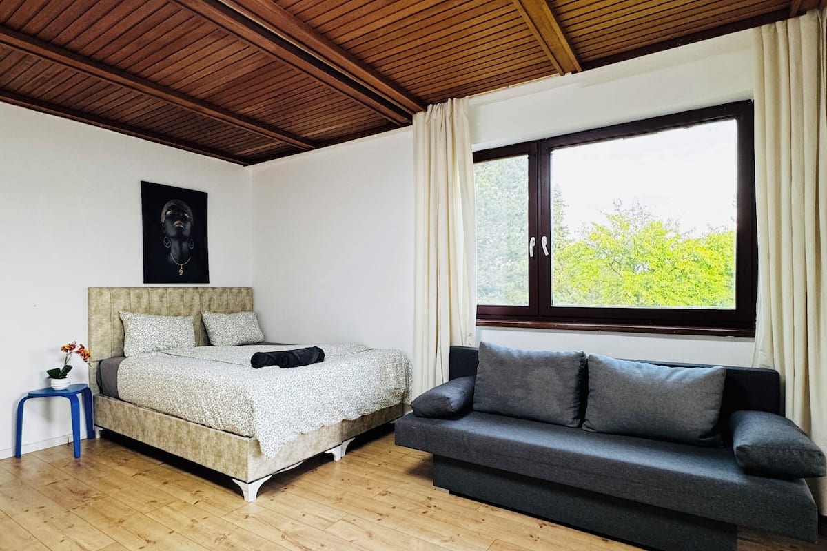 Een kamer met een bed, een slaapbank, een raam en een plafondlamp.