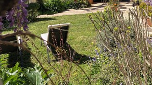 Een tuin met een pergola, een stenen gebouw en uitzicht op een beboste heuvel.