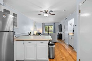 A modern kitchen with a built-in refrigerator, a ceiling fan, and a window providing natural light.