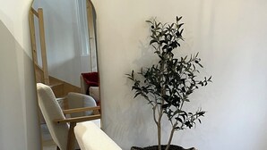 Une pièce avec un mur recouvert de miroirs, un banc en bois, une plante en pot et un grand miroir.