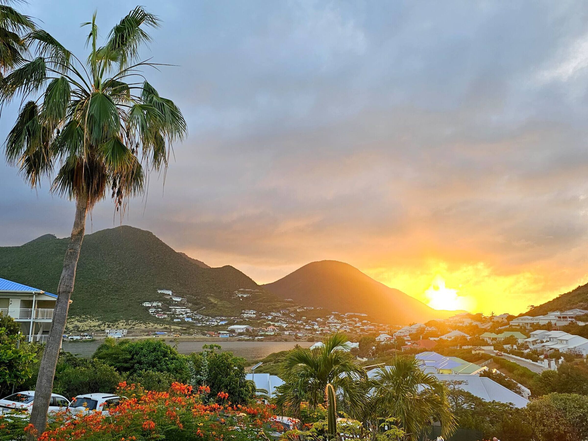 A coastal town with a sunset, palm trees, and a mountain in the background.