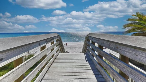 A wooden boardwalk leading to a beach with clear skies and a palm tree. - Beachside Bliss-Minutes from Beach, Pool, Hot Tub, Near Golf (Miramar Beach)