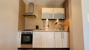 Suite estudio Confort, vistas a la ciudad | Cocina básica privada | Frigorífico grande, microondas, horno y placa de cocina