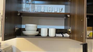 Fridge, microwave, stovetop, electric kettle