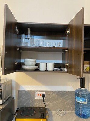 Fridge, microwave, stovetop, electric kettle