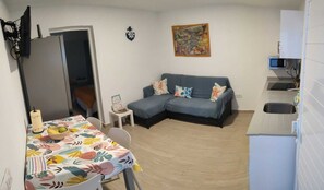 Cozy living space with a kitchenette, sofa, and TV.