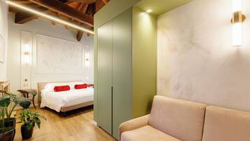 Junior Double Room, 1 Queen Bed with Sofa bed, Private Bathroom, City View | Frette Italian sheets, premium bedding, down comforters