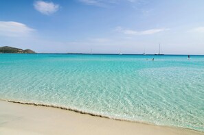 A beach with clear turquoise water, a sandy shore, and sailboats in the distance.