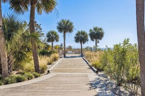 A wooden boardwalk leading through a natural area with palm trees and shrubs. - Courtside 77 - Beautifully updated Two Bedroom Two & a half Bath Townhome (Hilton Head Island)