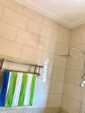 Chuveiro, toalhas de banho, sabonete, papel higiênico
