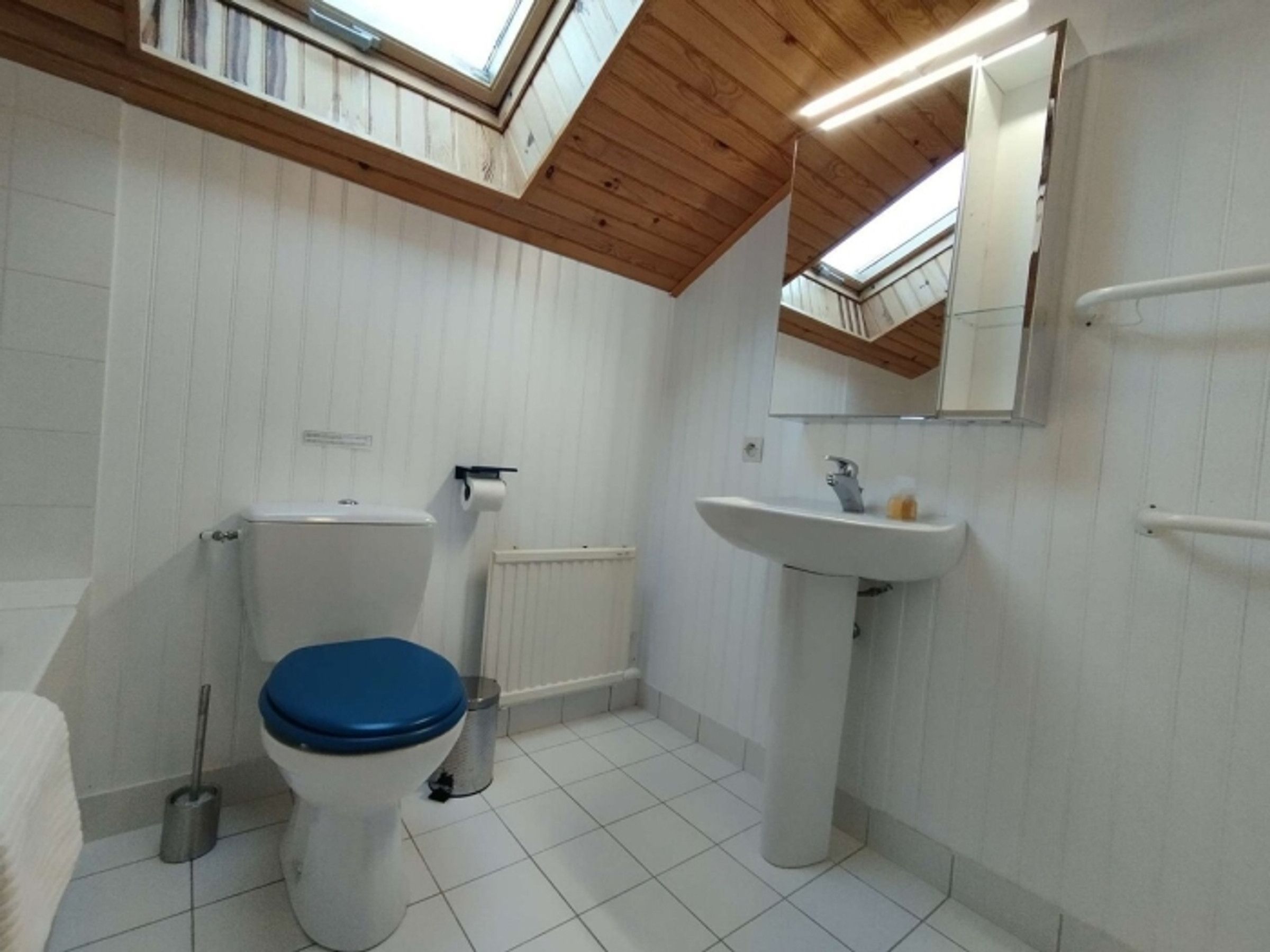 A bathroom with a skylight, white tiles, a toilet with a blue seat, a sink, and a mirror.