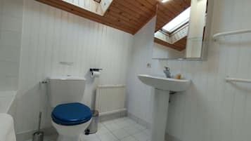 A bathroom with a skylight, white tiles, a toilet with a blue seat, a sink, and a mirror.