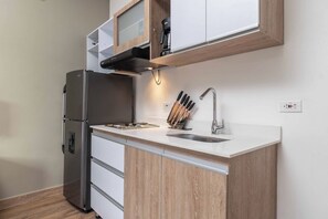Fridge, microwave, stovetop, coffee/tea maker