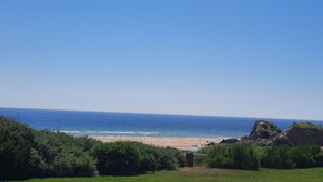 Un paisaje costero con playa, afloramientos rocosos y abundante vegetación.