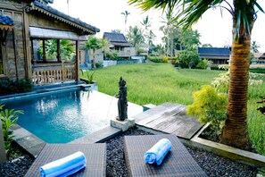 Relax by the serene pool surrounded by lush vegetation and a beautifully maintained lawn.