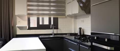 Full-size fridge, oven, stovetop, cookware/dishes/utensils