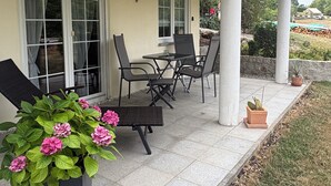 A covered patio area with a table and chairs, a potted plant with flowers, and a view of the surrounding landscape.