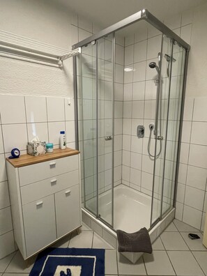Dusche, Haartrockner, Handtücher, Seife