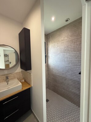 Shower, hair dryer, towels, toilet paper