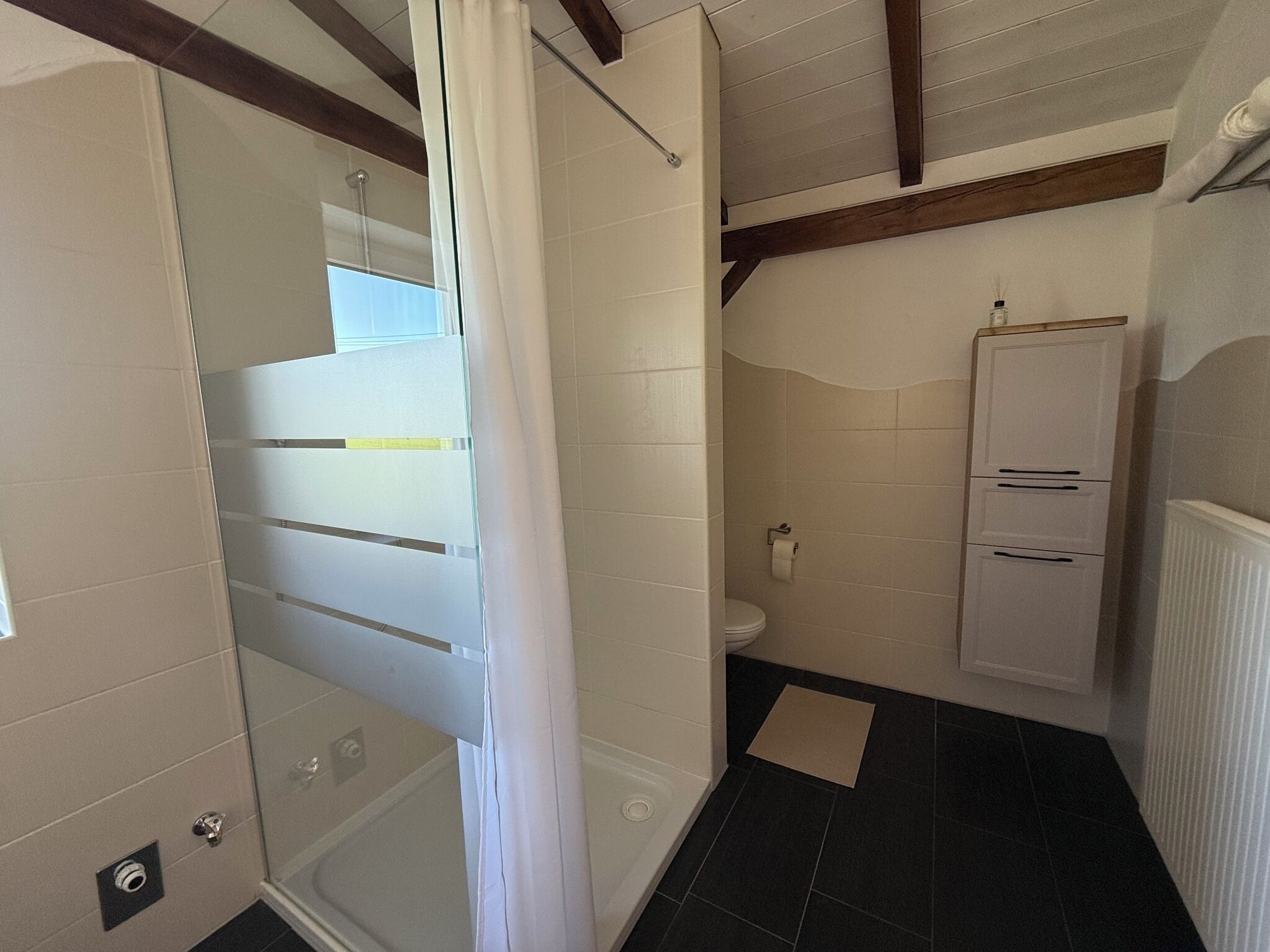 Dusche, Haartrockner, Handtücher, Seife