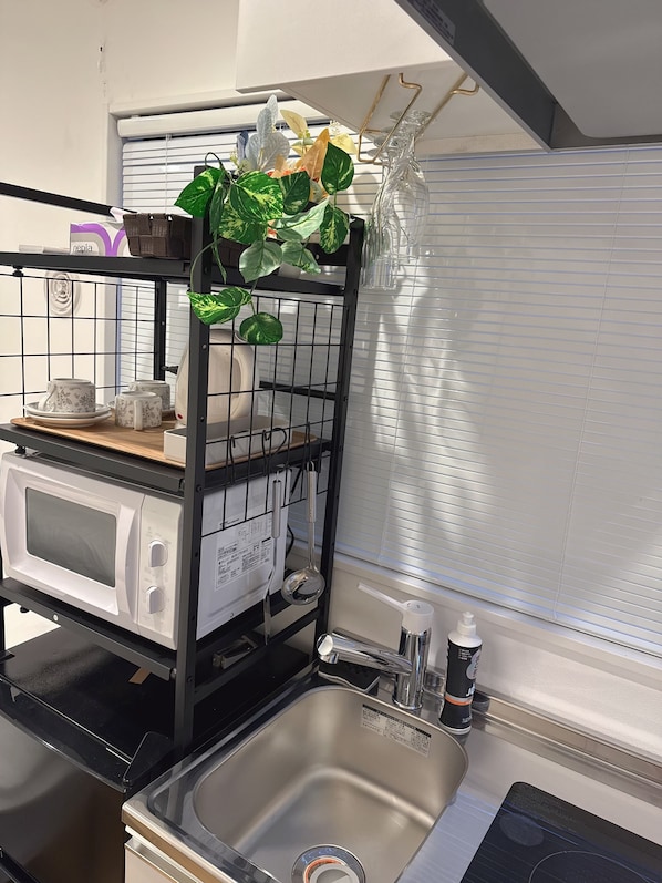 Efficient kitchen with a microwave, sink, and potted plant, offering a view of the outside.