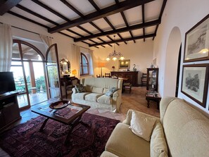Smart TV, fireplace, books