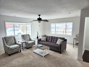Smart TV, fireplace, books