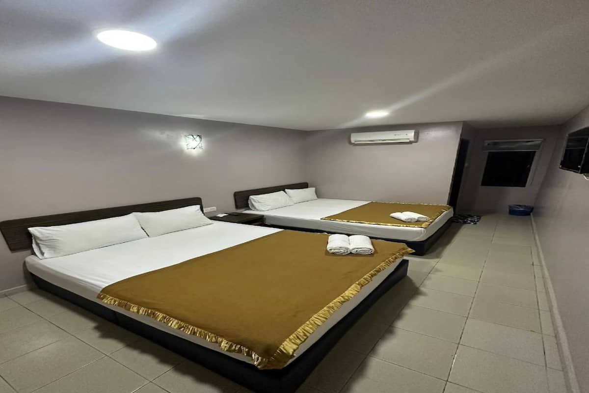 A hotel room with two beds, each with a brown bedspread and white linens. There is a ceiling light and an air conditioning unit on the wall.