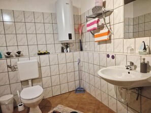Hair dryer, towels, soap, toilet paper