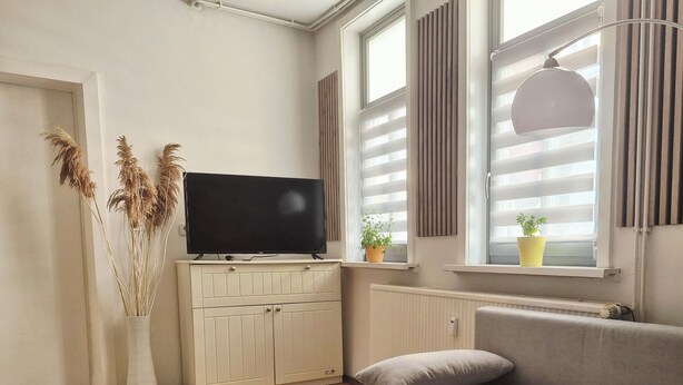 Una sala de estar con televisor sobre un mueble bajo, un sofá, un radiador y una ventana con persianas.